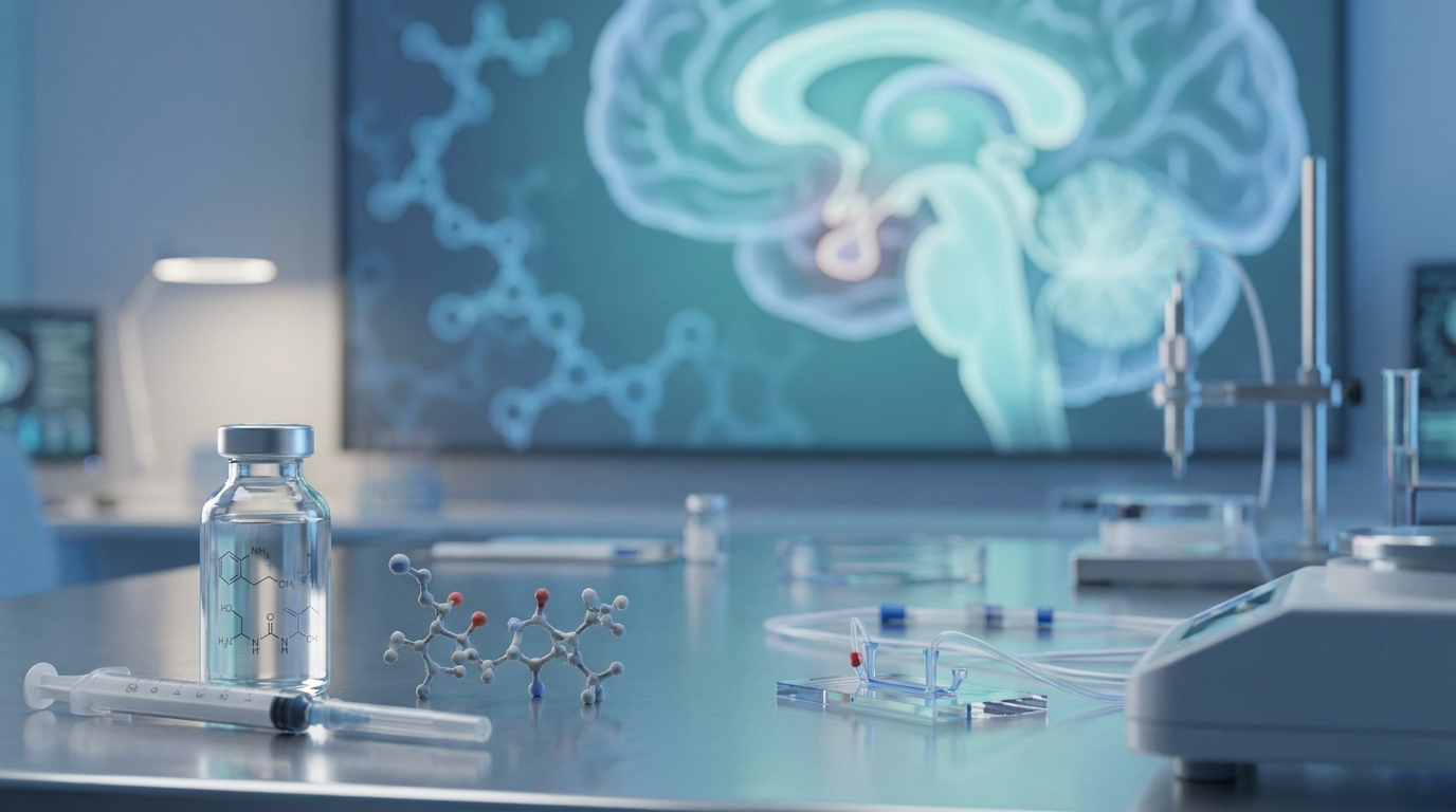 Laboratory vials and peptide compounds representing sermorelin research