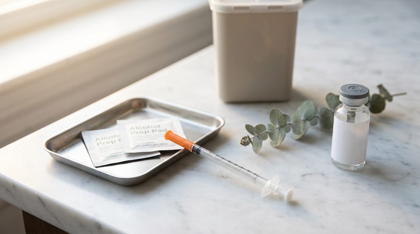 Editorial clinical still life with a fine-gauge syringe, alcohol prep pads, and a sharps container illustrating subcutaneous injection technique