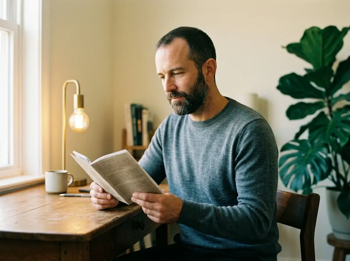 Man at a sunlit desk reading a printed information booklet