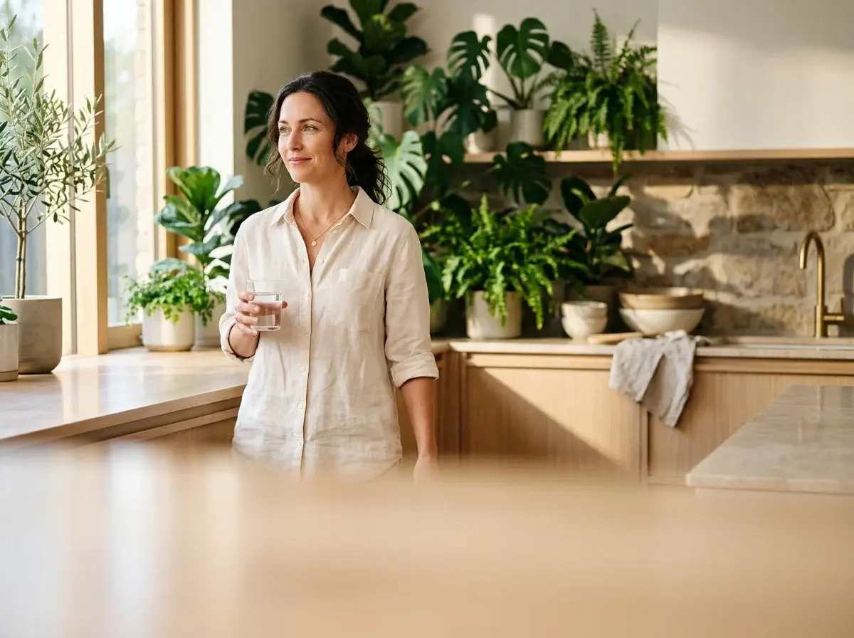 Woman in a bright kitchen holding a glass of water in the morning light
