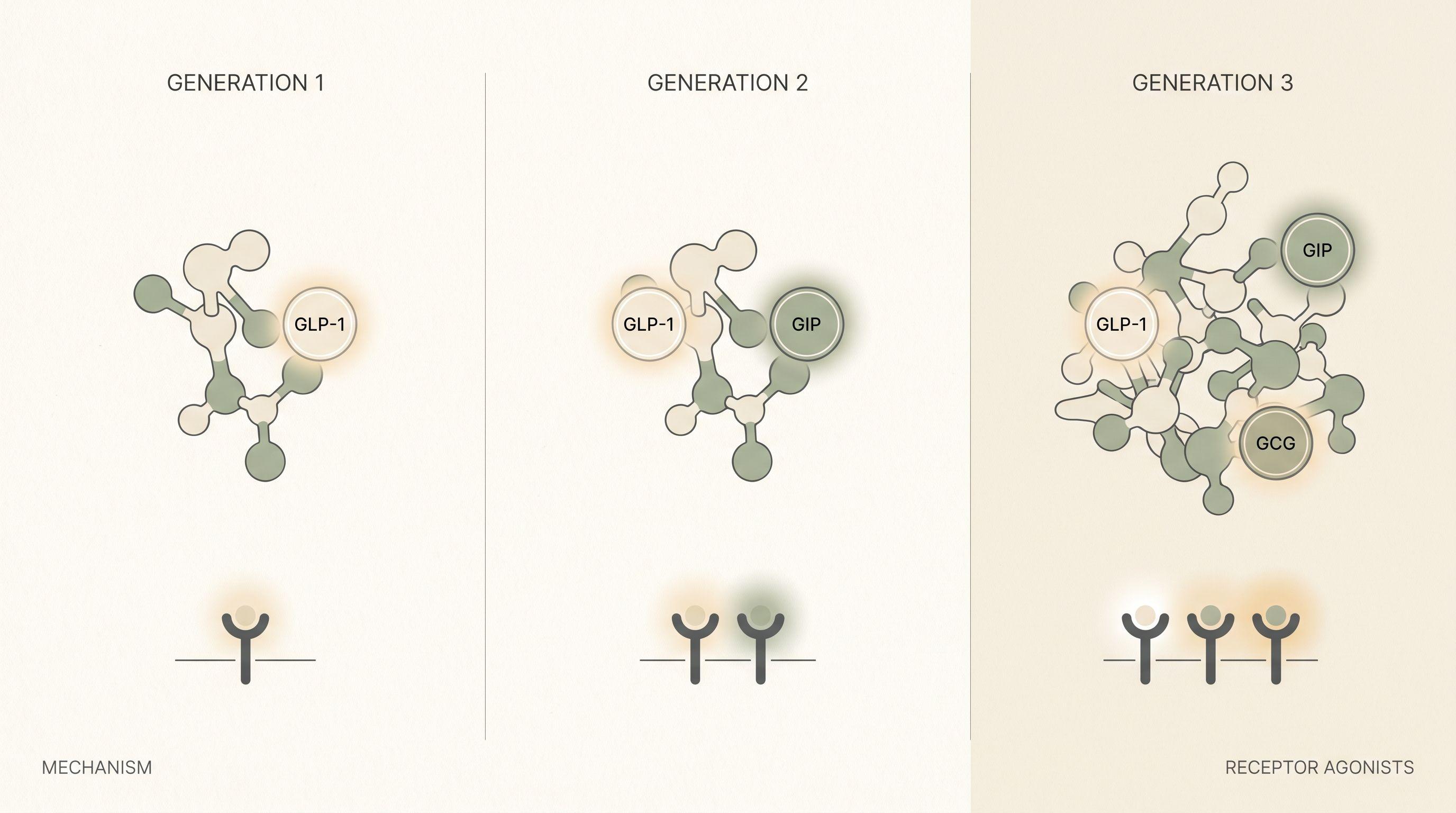 Editorial infographic comparing three generations of GLP-1 medicine - semaglutide (single receptor), tirzepatide (dual receptor), and retatrutide (triple receptor agonist)