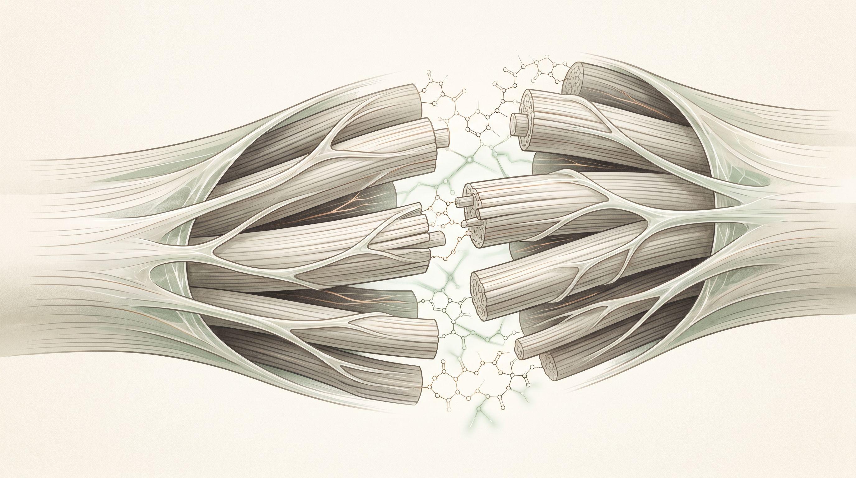 Stylized editorial anatomical illustration of tendon fibers being bridged by a peptide chain - visual analogue for BPC-157's role in connective tissue research