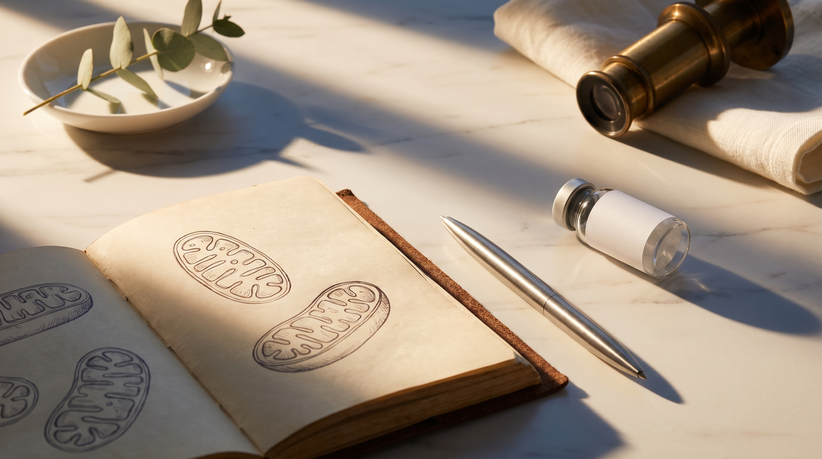 Clinical editorial still life: research journal with mitochondria sketches, brushed steel pen, brass microscope, and a plain unbranded sterile vial in soft morning light - illustrating NAD+ cellular energy