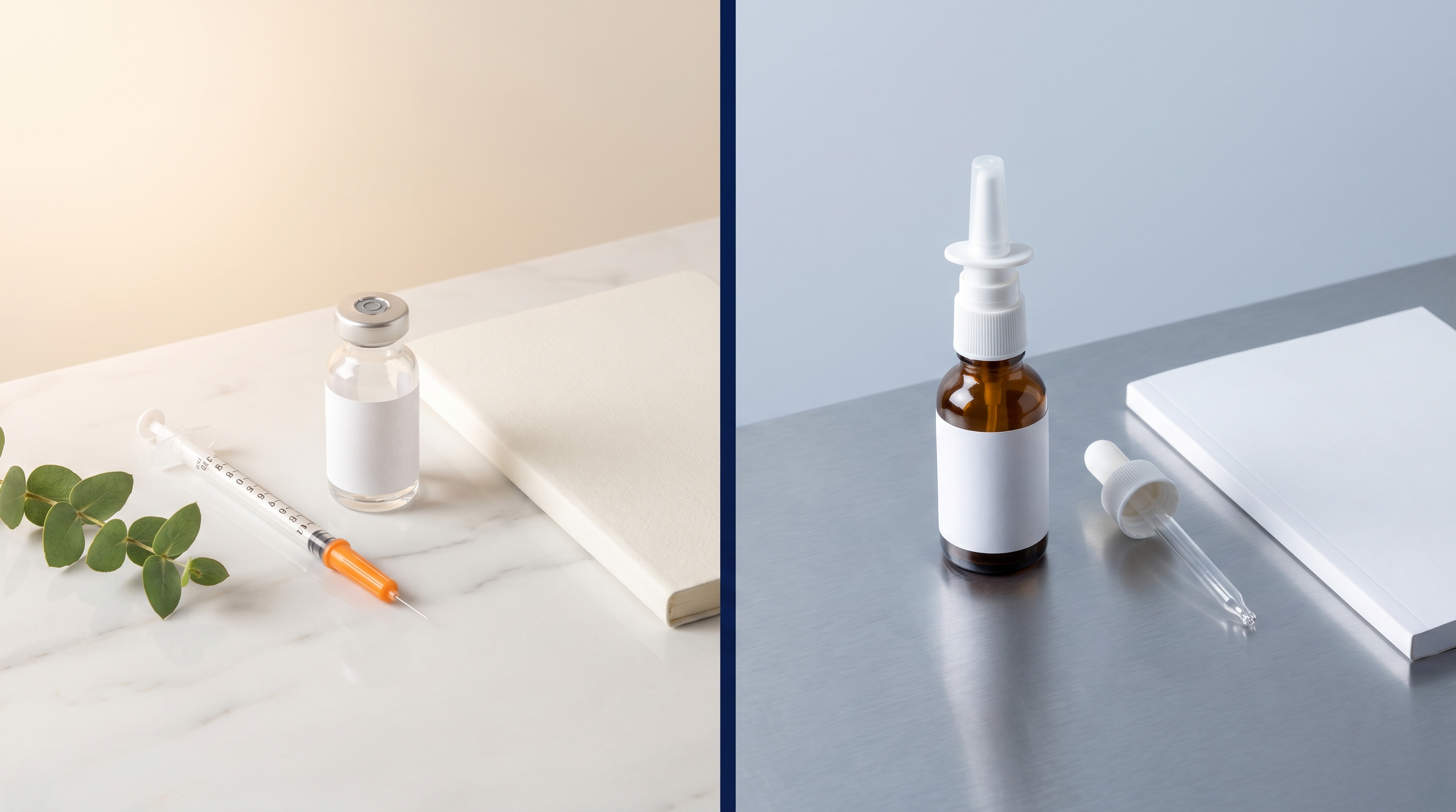Split-frame editorial comparison of NAD+ injection and nasal spray delivery routes - NAD+ bioavailability