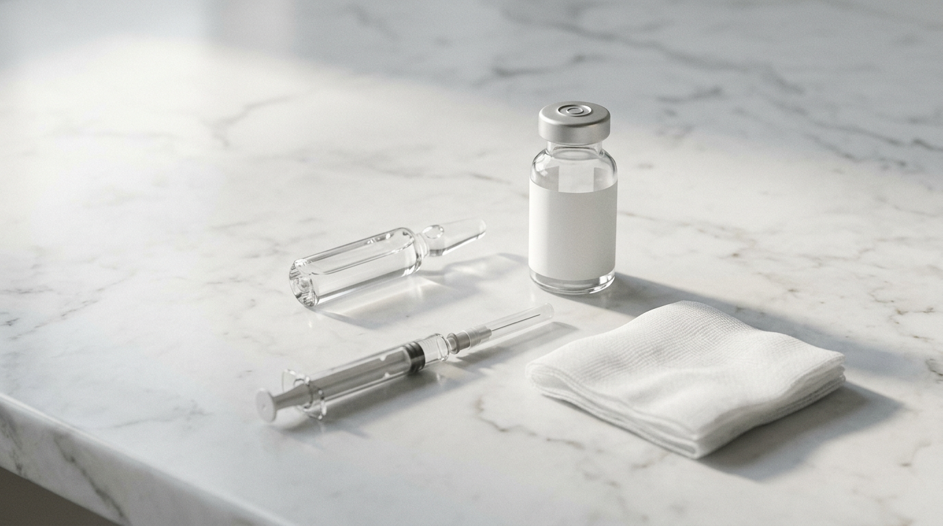 Clinical editorial still life with glass ampoule and vial showing peptide reconstitution setup