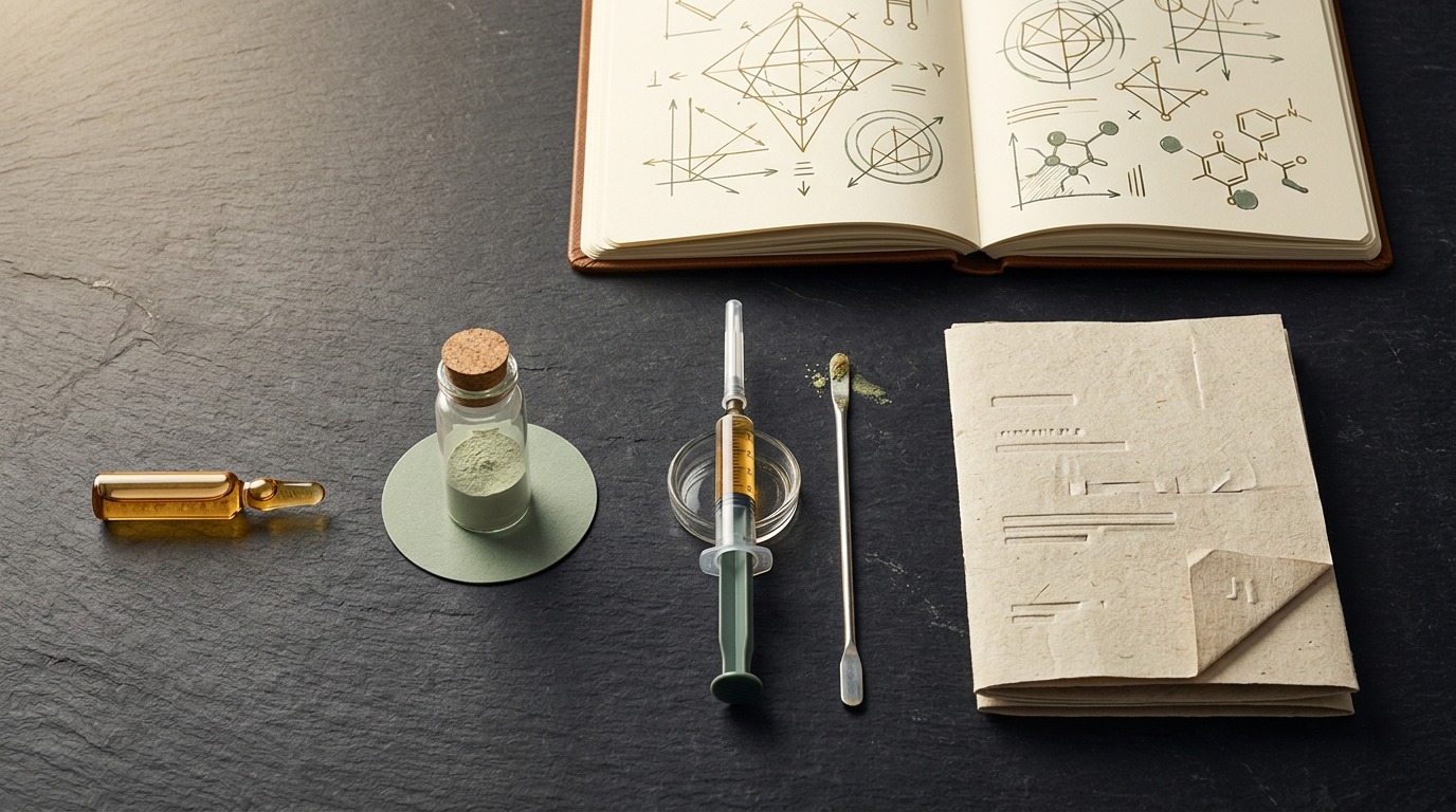 Process overview flat-lay showing reconstitution sequence: ampoule, vial, syringe, document for peptide reconstitution guide