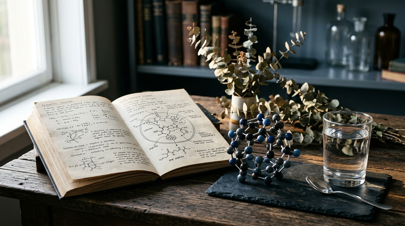 Dark editorial still life with molecular model and research journal representing peptide science reconstitution