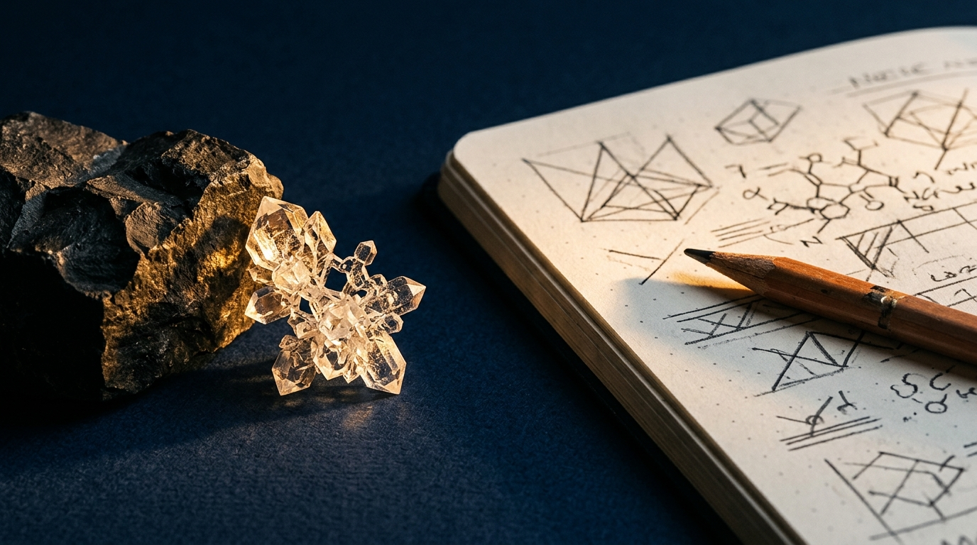 Macro editorial still life with crystalline structure and notebook evoking molecular precision in peptide reconstitution