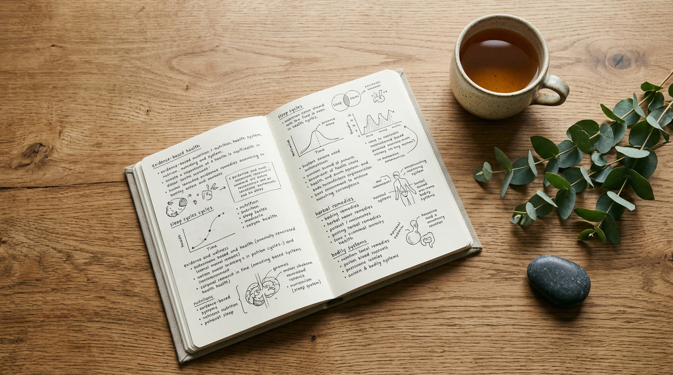 Warm editorial still life with research notebook and tea representing thoughtful peptide research protocol planning