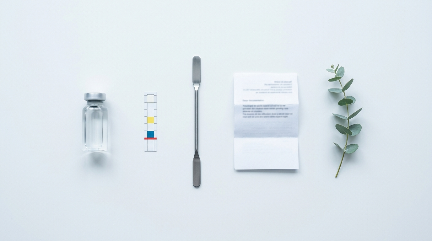 Clean precision flat-lay with glass ampule and lab tools representing sterile compounding standards for reconstitute peptides