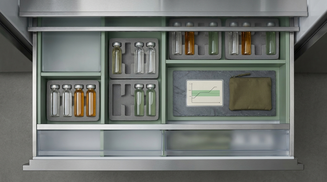 Scientific flat-lay overview of peptide storage conditions showing refrigerator, vials, and temperature reference tools