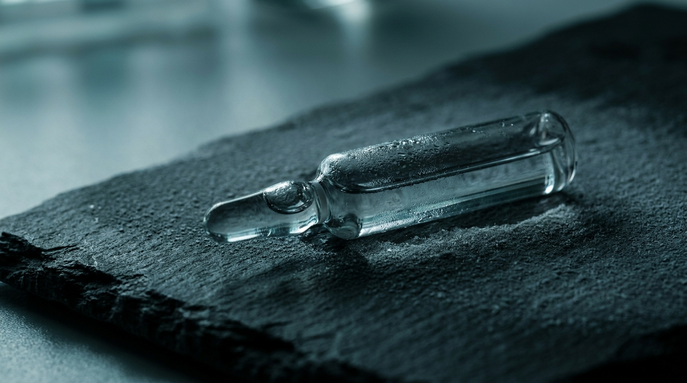 Dark editorial close-up of glass laboratory vials on cold surface evoking sterile refrigeration environment for peptide preservation