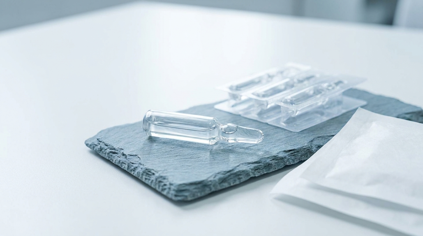 Macro editorial still life with single glass ampule and precise measurement tools representing careful peptide dosing discipline