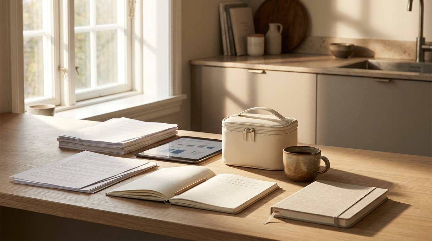 Warm lifestyle editorial with morning light and organized research materials evoking disciplined home peptide storage routine
