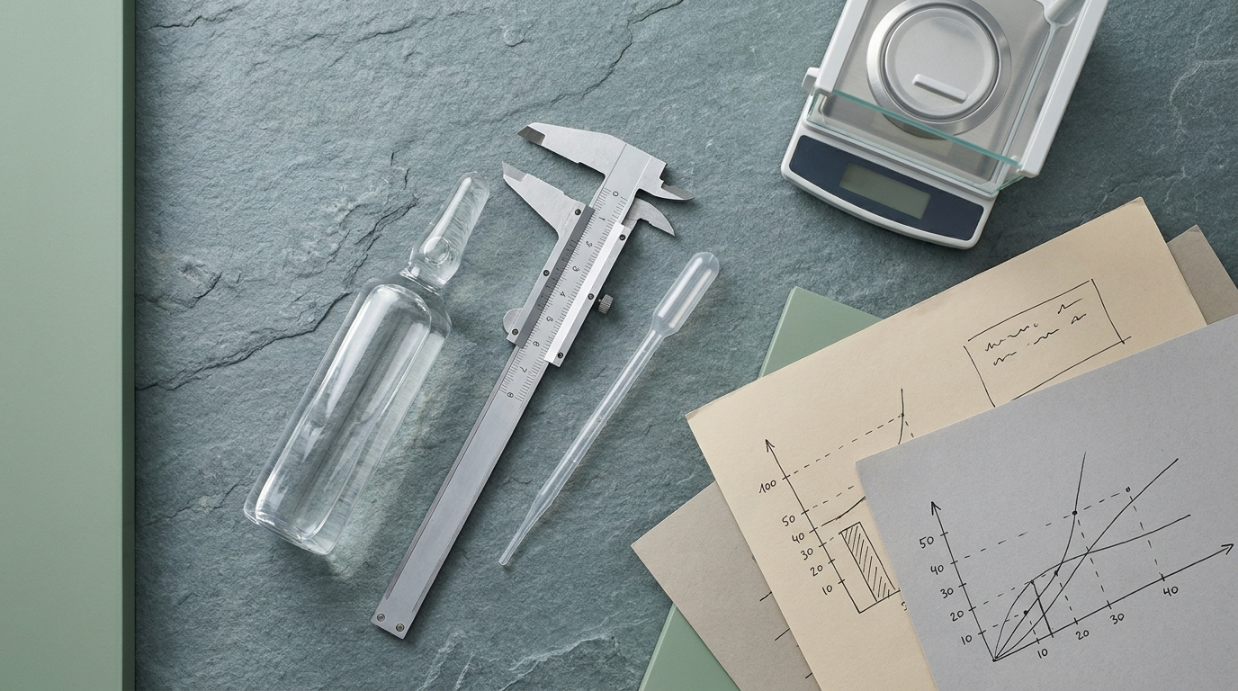 Clean precision editorial flat-lay with testing instruments and lab documentation representing peptide quality verification before storage