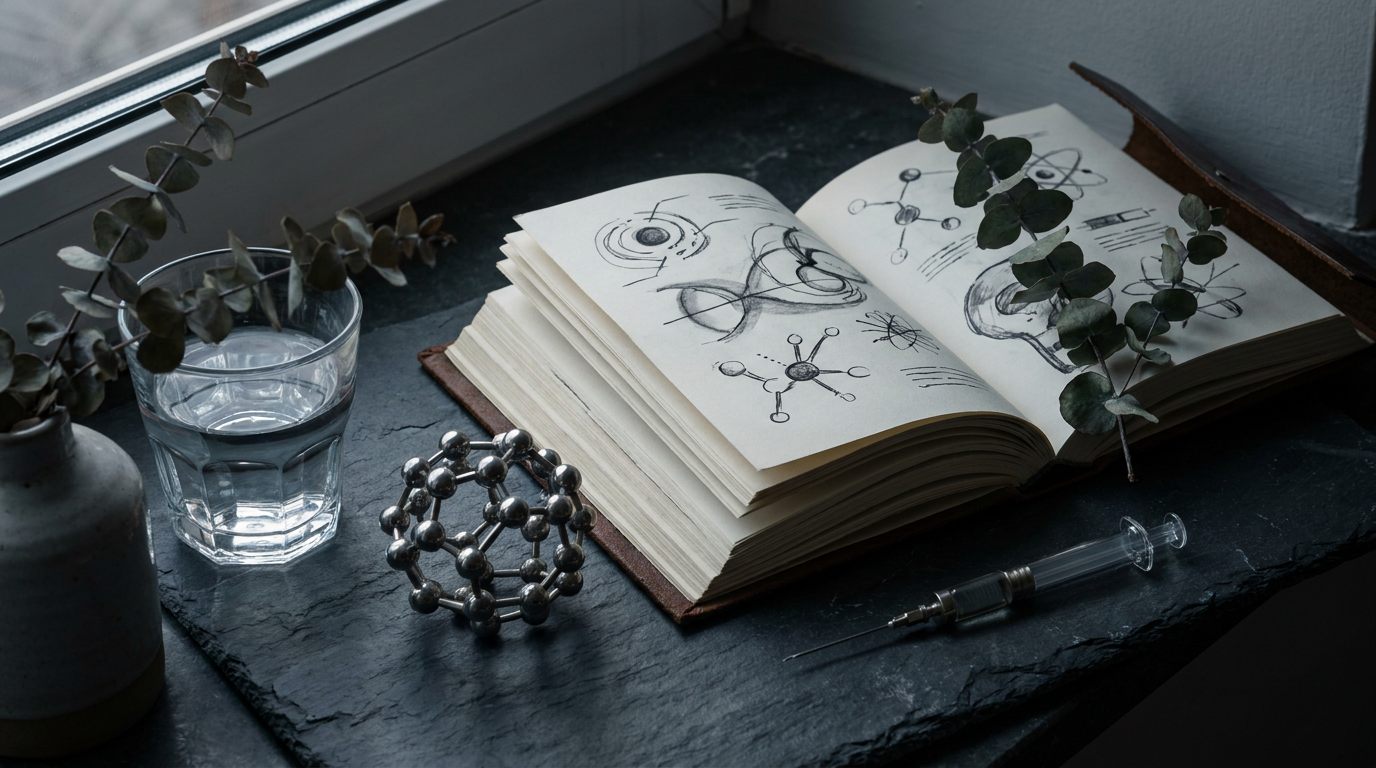 Dark editorial still life with a molecular model and a fine-gauge syringe representing subcutaneous injection technique