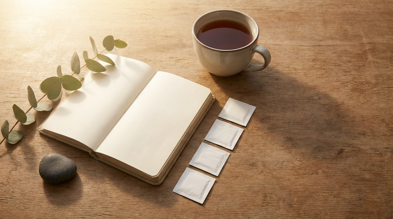 Warm lifestyle still life of a notebook, tea, and alcohol prep pads representing an organized subcutaneous injection routine