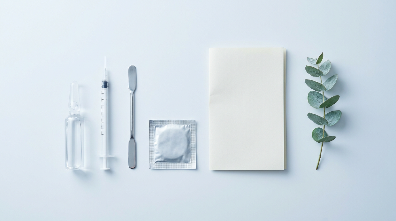 Clean precision flat-lay of sterile preparation tools conveying quality standards for subcutaneous injection