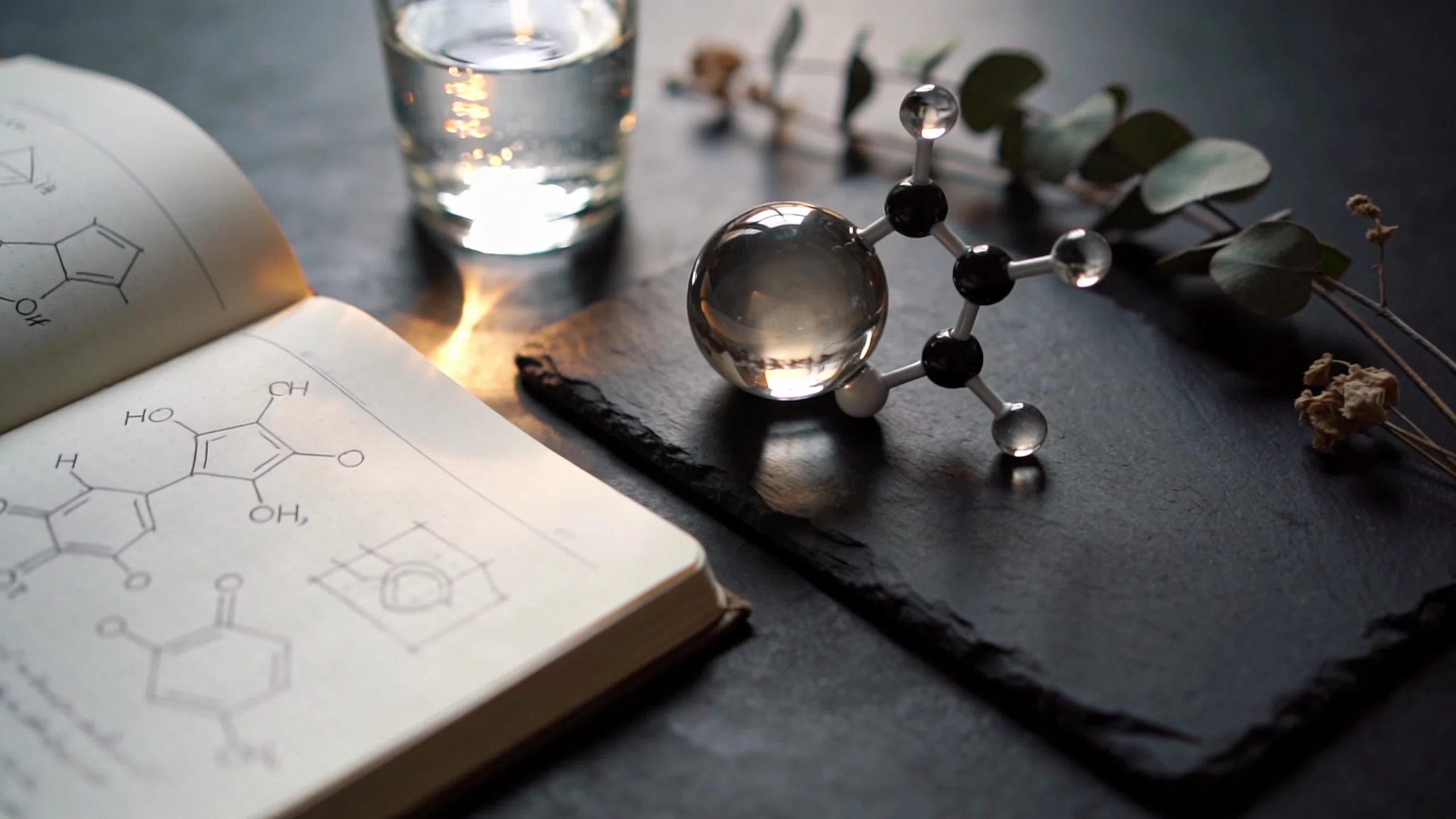 Dark editorial still life with molecular model and research journal representing tesamorelin clinical research