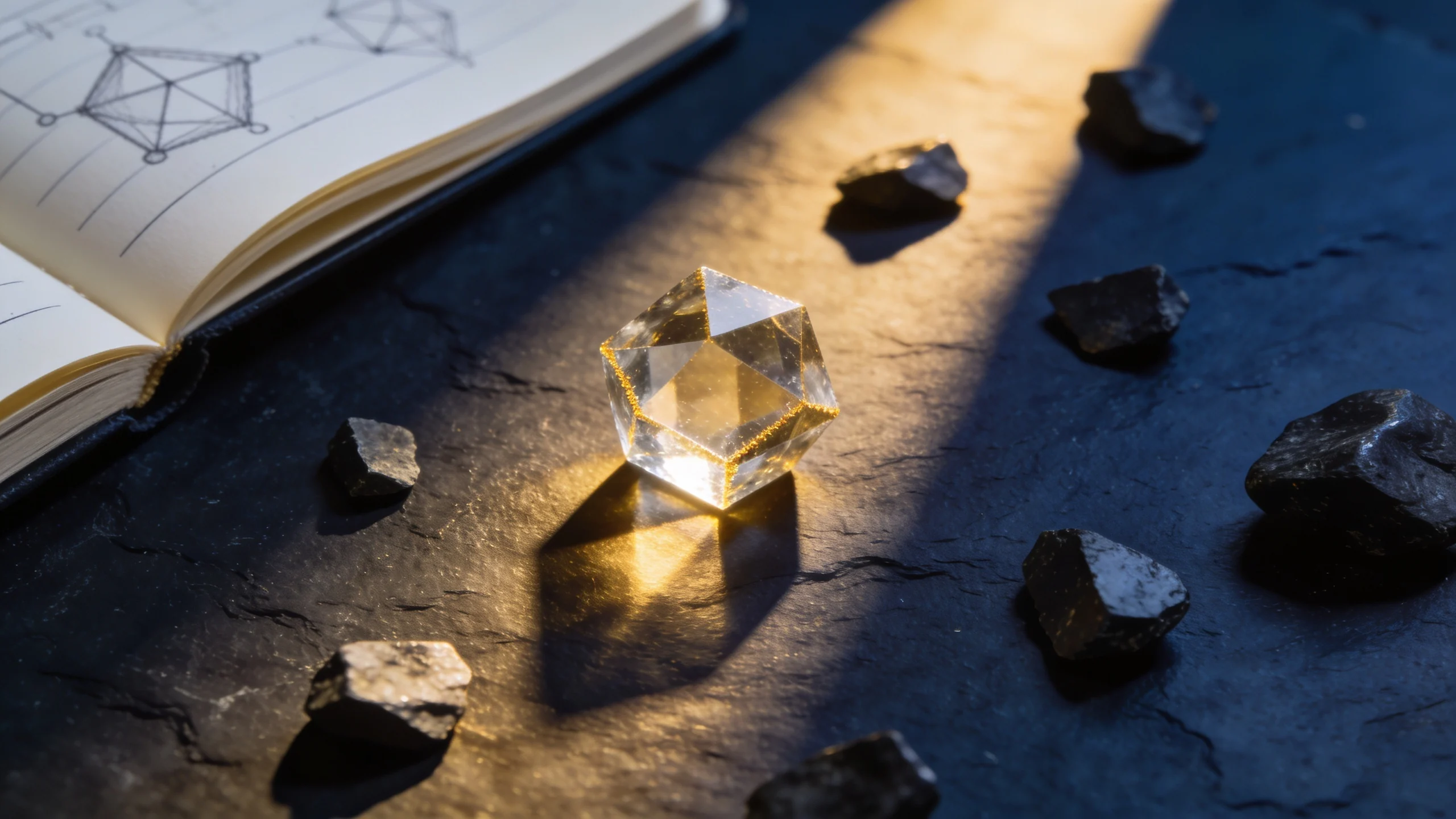 Macro editorial still life with crystalline structure and notebook evoking molecular precision of GHRH peptide research